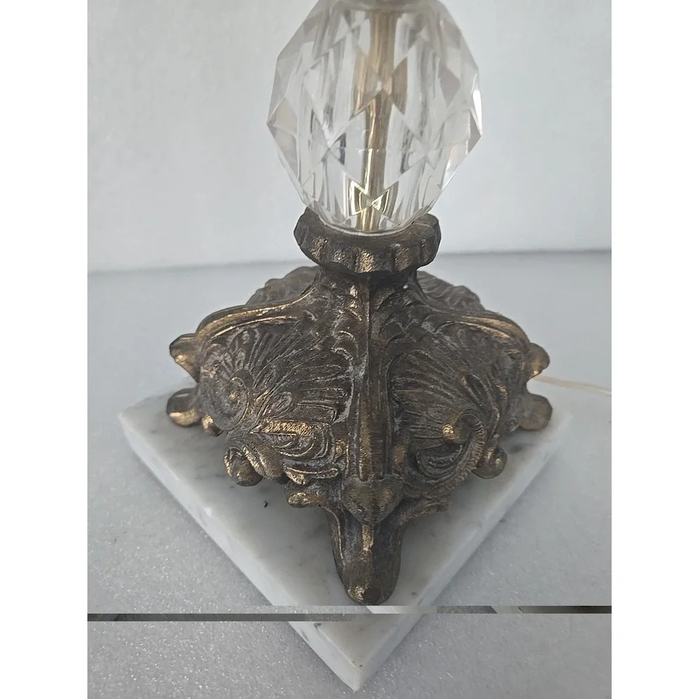 Vtg Hollywood Regency Lamp Bronze Scrolls Marble Base Crystal Glass Belly 1970s